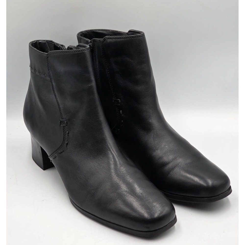 GH Bass Verona Black Leather Ankle Booties Square Toe Stacked Heel Women's Sz 9M